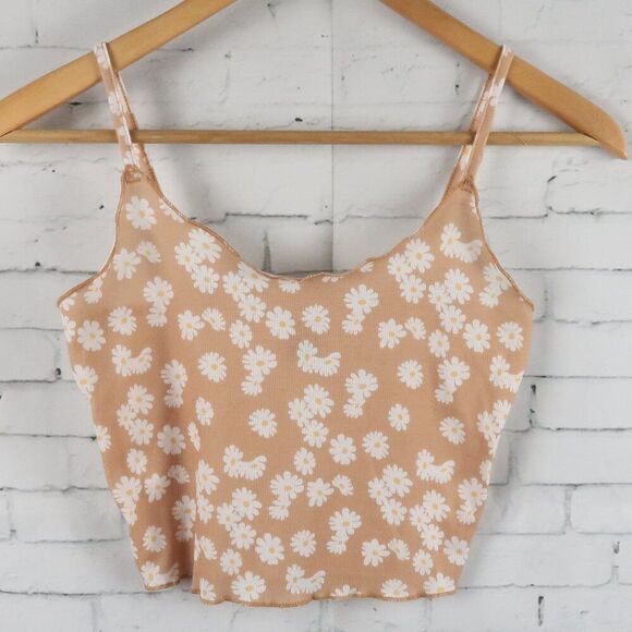 SHEIN TAN WITH DAISY PRINT RIBBED CAMISOLE CROP TOP SIZE XS - Picture 1 of 4